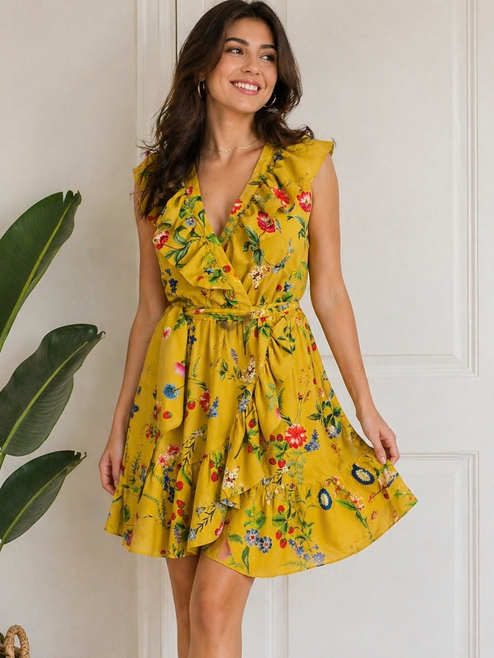 Anthropologie Maeve  Yellow Floral Ruffle Wrap Dress, M
